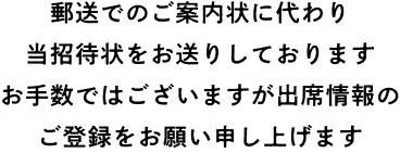 郵送でのご案内に代わり当招待状をお送りしております。お手数ではございますが出席情報のご登録をお願い申し上げます。