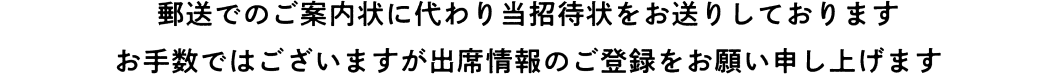 郵送でのご案内に代わり当招待状をお送りしております。お手数ではございますが出席情報のご登録をお願い申し上げます。